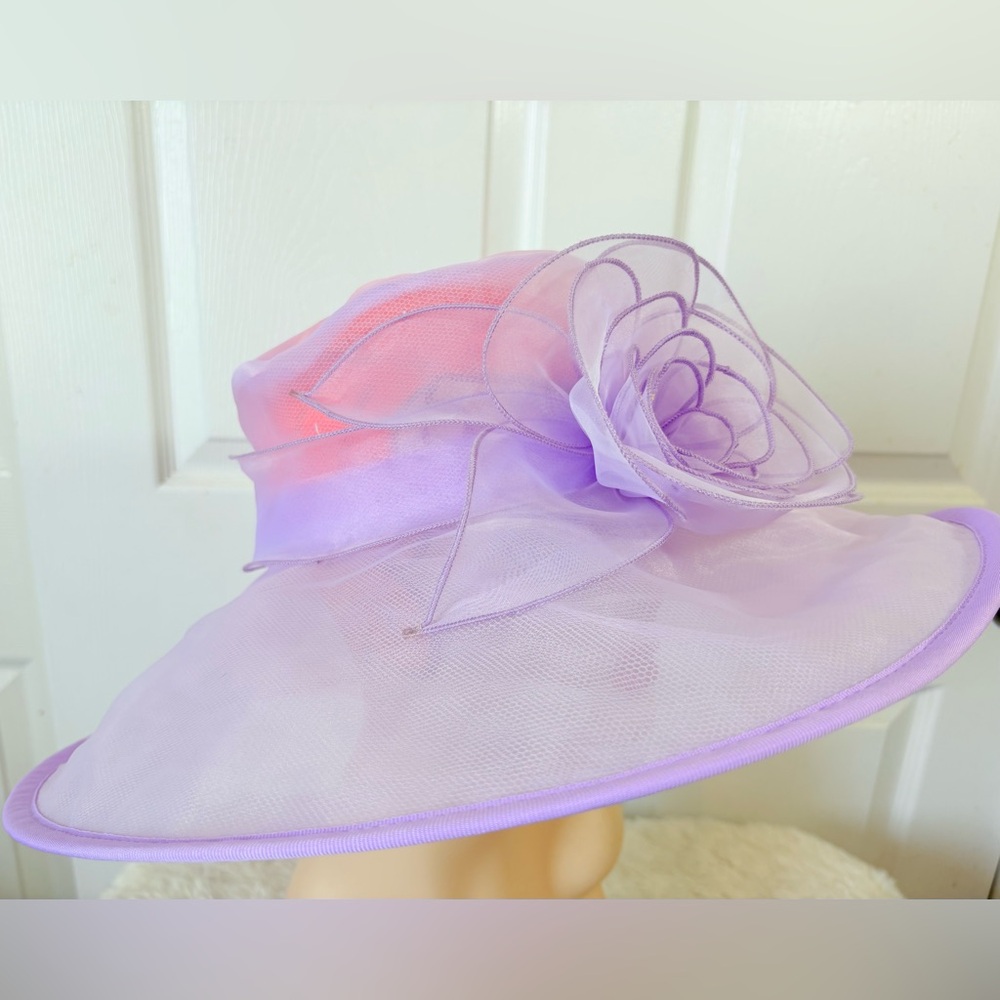 Lavender Wide Brim Church Hat with Decorative Rose - Picture 2 of 6